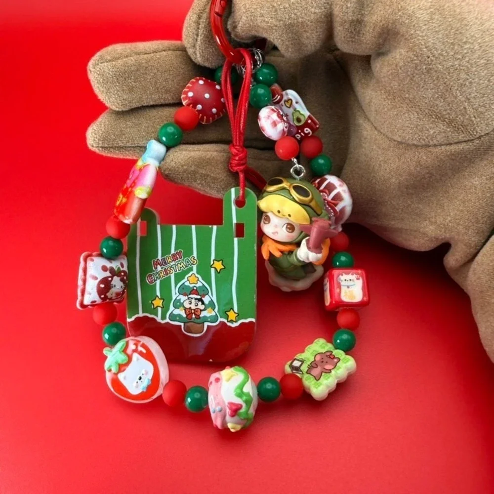 Handmade Xmas Aviator Girl Keychain Phone Bag Wristlet Red Green Charm 3 Layer